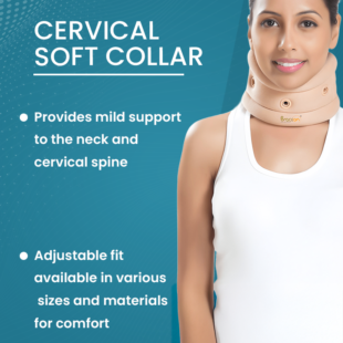 Person wearing a beige Braceon cervical soft collar supporting the neck for pain relief and posture correction.
