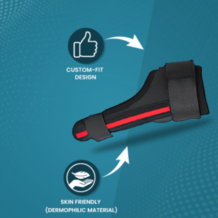 Person wearing an adjustable black thumb spica splint supporting the thumb and wrist for pain relief.