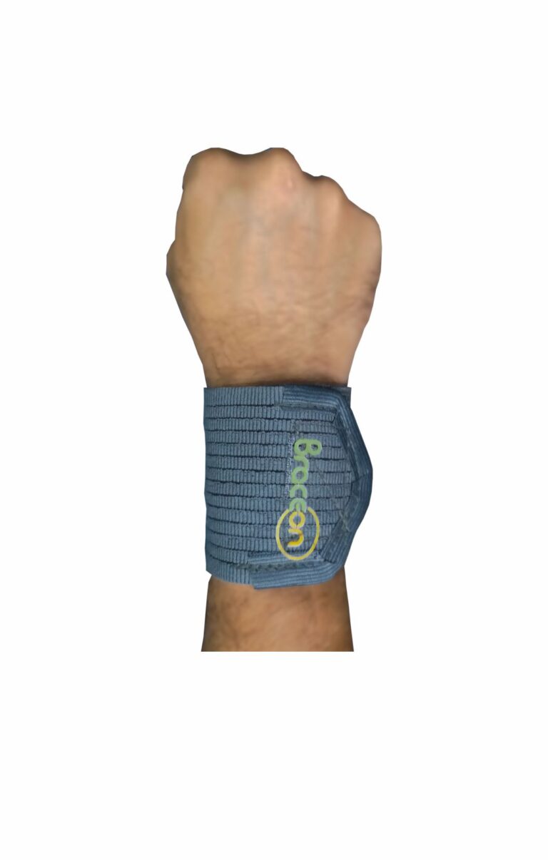 Close-up of a person's wrist wrapped in a black supportive wrist wrap.