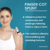 Person wearing a finger cot splint providing support and immobilization to a finger.