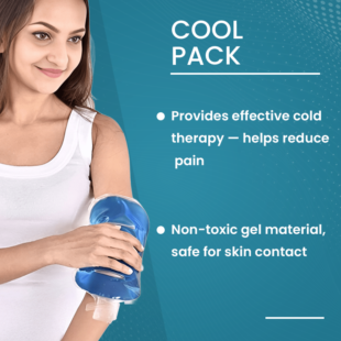 Person using a reusable blue gel cool pack on their arm to relieve soreness.