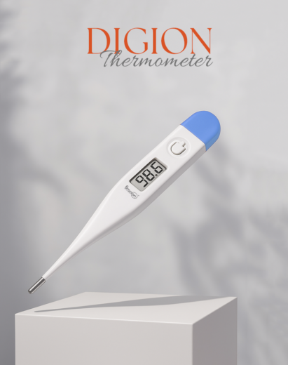 Digital thermometer with LCD display showing body temperature.